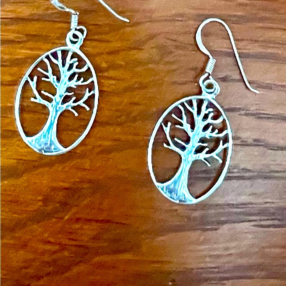 925 Sterling Silver Tree Of Life Oval Dangle Hook Earrings Boho Nature